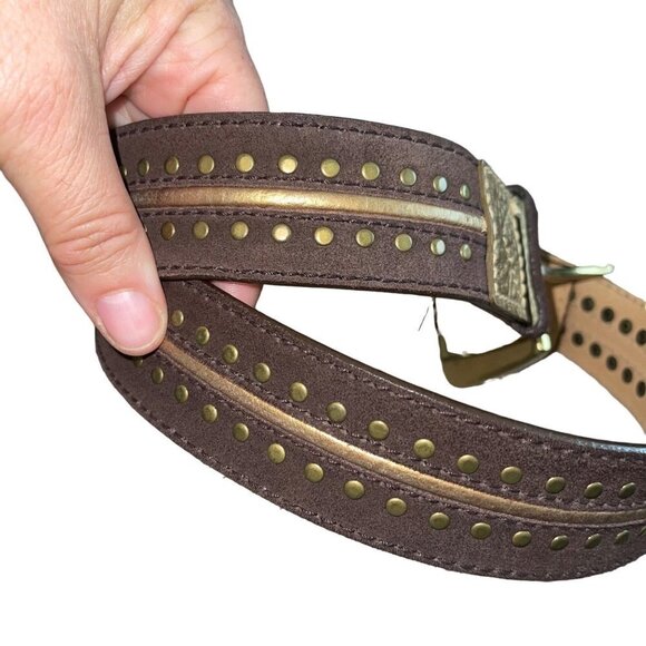 Michael Kors Belt Size Medium Brown Suede Gold Leather Trim Wide Brass Buckle - Picture 11 of 12